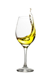 White wine swirling in a goblet wine glass, isolated on a white background