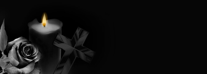 Rose, cross and candle on black background. Condolence card. Empty place for emotional, sentimental...