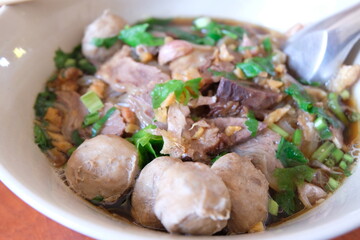 Thai style noodle blood soup. close up or selective focus