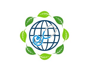 Circular leaf with abstract globe and stethoscope inside