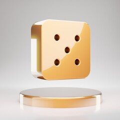 Dice Five icon. Yellow Gold Dice Five symbol on golden podium.