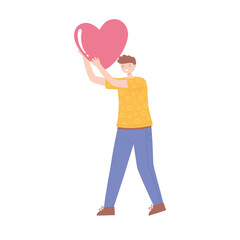boy holding huge heart love character cartoon white background
