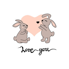 Two bunnies with heart and hand written Love You. Valentine's day card. Vector illustration.