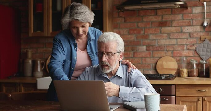 Excited elderly spouses celebrate online lottery victory, got good commercial offer, internet users older generation people concept. Older wife and husband use laptop read great news feels very happy