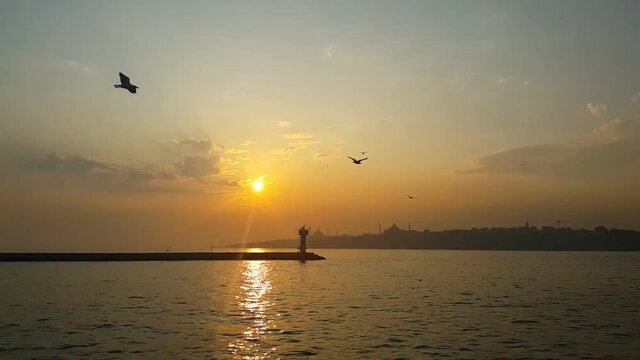 istanbul sunset city view sea and ferry travel