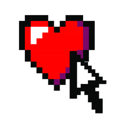 Obraz premium Pixel art heart with arrow. Vector 8-bit retrowave and vaporwave style illustration.