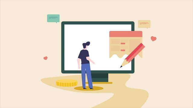 Business blogging concept. User browsing online content. 2d animation, video clip.