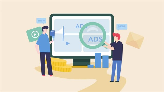 Business team working on company digital advertising strategy concept including seo, ppc, search marketing. 2d animation cartoon style video clip.