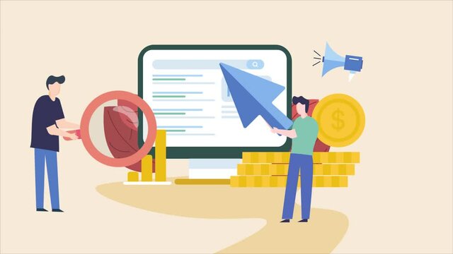 Search engine marketing. SEO and PPC concept.  - 2d animation explainer footage.  Digital marketing with business team.