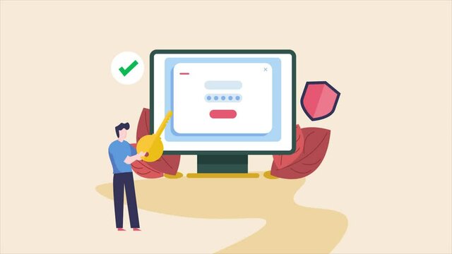Digital data protection, user login with password access, website security, shield - man with key and big lock. Internet security concept, explainer footage.