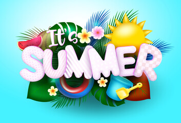 Summer vector concept design. It's summer text in blue background with sun, palm tree leaves, bucket and shovel elements for fun summer season design. Vector illustration