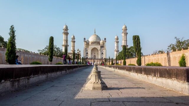 Time Lapse of Tourists walking around Bibi Ka Maqbara - the replica of Famous Taj Mahal, Aurangabad, Maharashtra, India