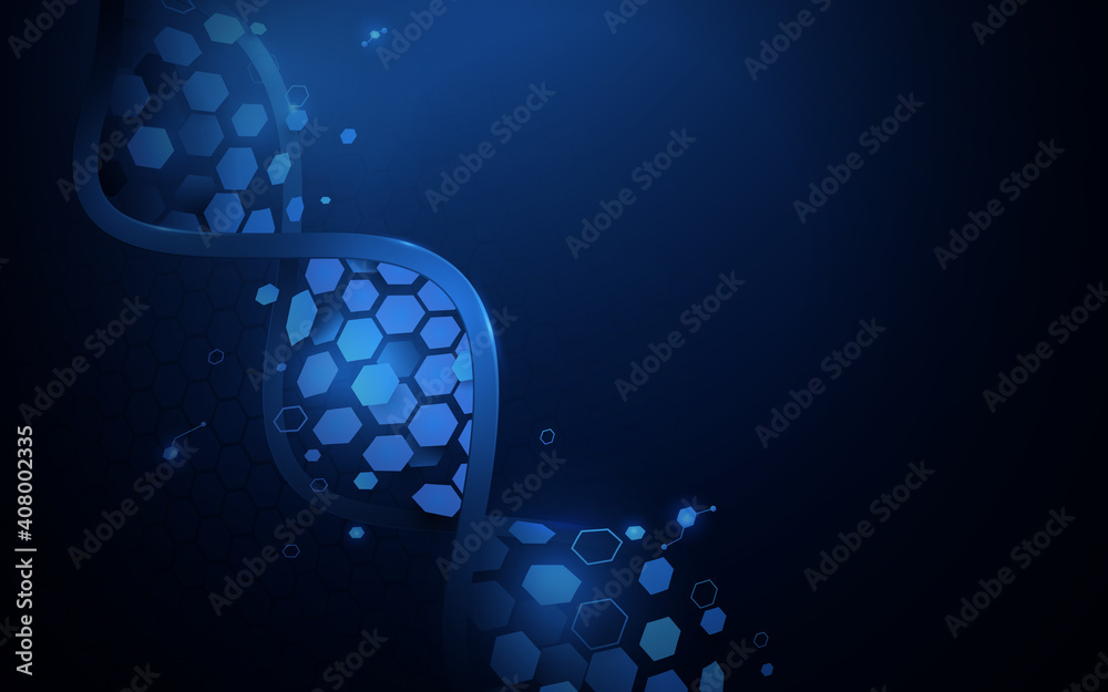 Poster dna molecules structure with abstract technology, science futuristic hi-tech concept on blue backgro
