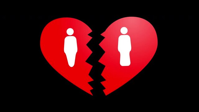 Broken Heart Illustration with Man and Woman Icon Animation on Black Background and Green Screen