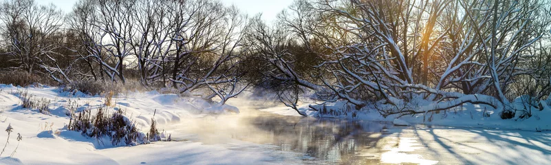 Foto auf Leinwand Frosty winter landscape with forest river during sunny january morning © valeriy boyarskiy