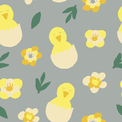 chick hatched from eggs and flowers seamless pattern. wallpaper, textiles, wrapping paper. vector hand drawn doodle. trendy colors 2021 gold, green, gray, yellow. baby, easter.