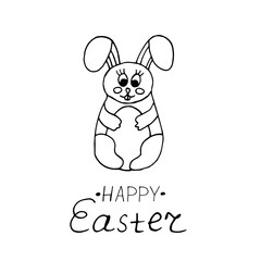 easter bunny with egg and lettering happy template card, poster. sketch hand drawn doodle style. vector minimalism. cute, childish.