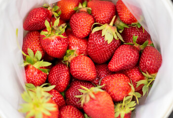 Red ripe strawberries background. Close up, top view.