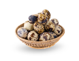 quail eggs in basket an isolated on a white background