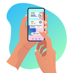 Woman holding smartphone with abstract booking application. vector illustration for web design. online booking, e-commerce, business