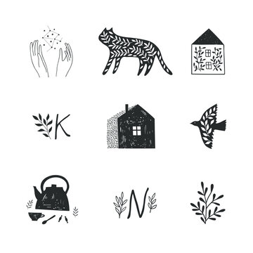 Hand drawn set of symbols and illustrations.