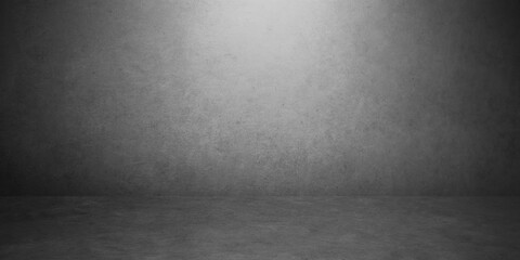 Room empty of cement floor with dark and light bulbs in room with concrete wall texture background.