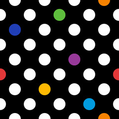 white polka dots with rainbow colored elements, vector seamless pattern with black background
