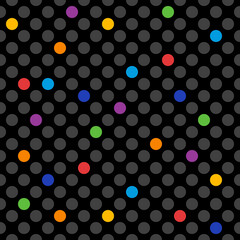 grey polka dots with rainbow colored elements, vector seamless pattern with black background