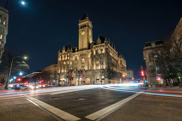 Old post office Washington DC with traffic light at night, United States, USA downtown, Architecture and Landmark with transportation, Historic travel and tourist concept