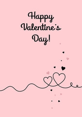 Happy Valentine's Day vertical pink banner with black line hearts. Vector illustration greeting cards or invitation