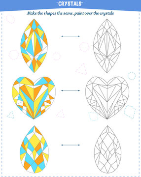 Coloring book to develop attention, spatial and motor skills. The task to color the crystals according to the sample