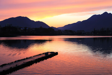 Lake Kawaguchi near Mount Fuji at sunset in Kawaguchiko, Yamanashi, Japan.
