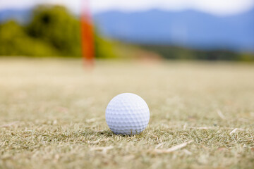 曇り空のゴルフ場と白いゴルフボール