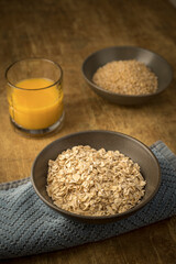 Dried oats and orange juice.