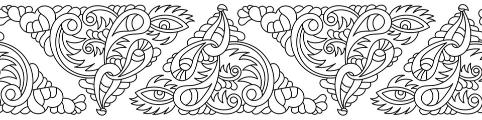 Fototapeta premium Hand-drawn seamless horizontal border with abstract elements . Curls, hearts, eyes. Psychedelic background . For fabric, Wallpaper, phone.