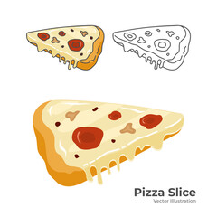 Food Vector Illustration of cheese pizza slice with 3 variation style line art, fill outline and flat design.