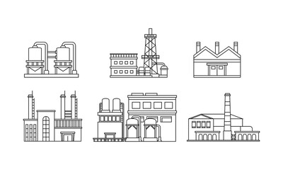 Collection of outlined vector illustrations of factory building. Suitable for design elements with chemical industry company, eco-plant campaign, and fuel and gas production.