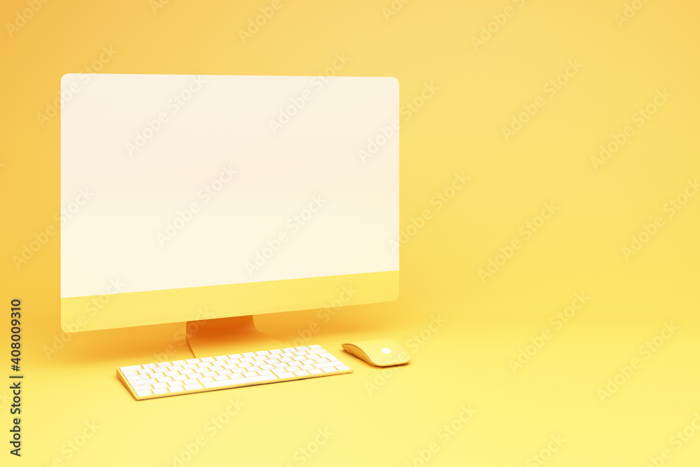 Poster yellow desktop with keyboard and mouse 3d rendering