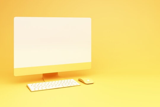 yellow desktop with keyboard and mouse 3d rendering