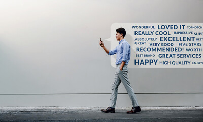 Customer Experience Concept. Reading Positive Online Review via Smartphone. Smiling Young...