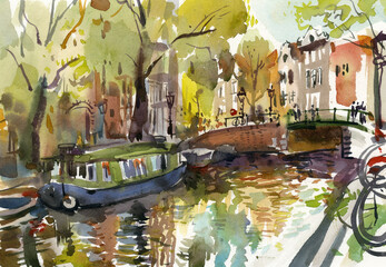 Amsterdam canal and bridge. Fall landscape. Watercolor painting.