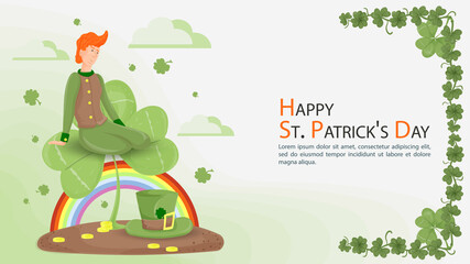 Flat illustration banner for decorating designs on the theme of celebrating the Irish St. Patrick's Day a guy in a leprechaun dwarf costume sits on a leaf of a clover flower on a rainbow background