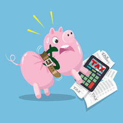 Piggy bank tighten belt with calculator word tax, illustration vector cartoon