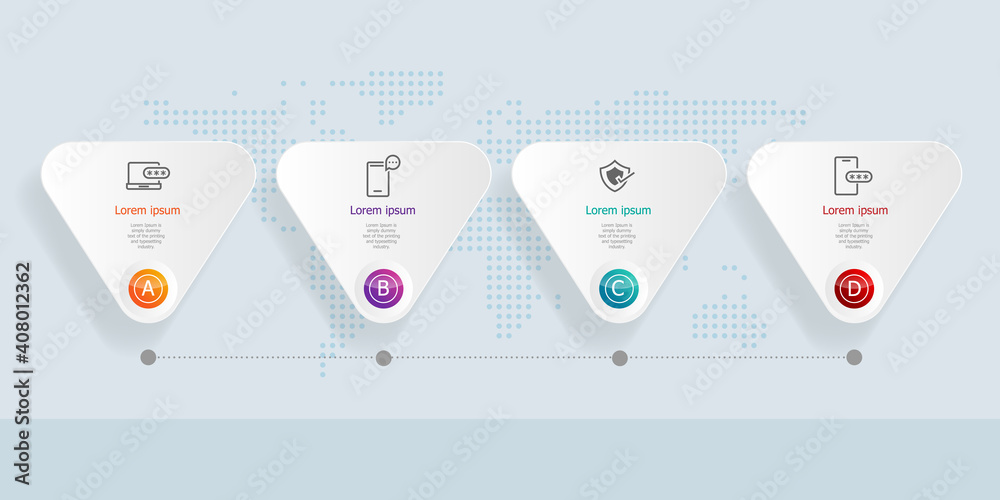 Wall mural abstract horizontal timeline infographics 4 steps with world map for business and presentation