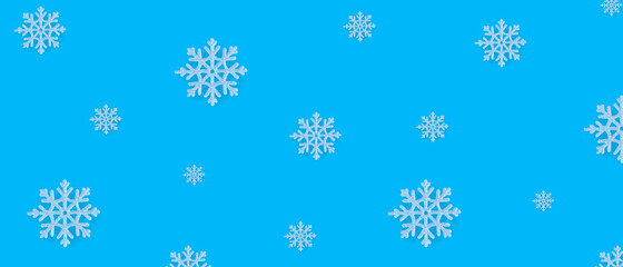 Christmas pattern of white snowflakes on a blue background. Concept banner frame border background for Christmas and New Year.