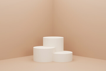 3D of Circle podium brown pastel color with three rank. Mock-up showcase for product branding banner and cosmetics product. Product presentation minimal.