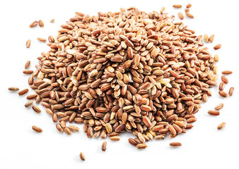 Brown rice heap - whole grain rice with outer husk on white background. Top view.