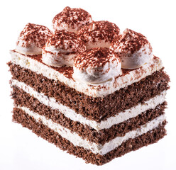 Slice of chocolate cake with tiramisu cream and cocoa powder isolated on white background.
