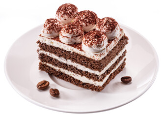 Slice of chocolate cake with tiramisu cream and cocoa powder on white plate isolated on white...