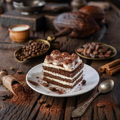 Slice of chocolate cake with tiramisu cream and cocoa powder on wooden table.